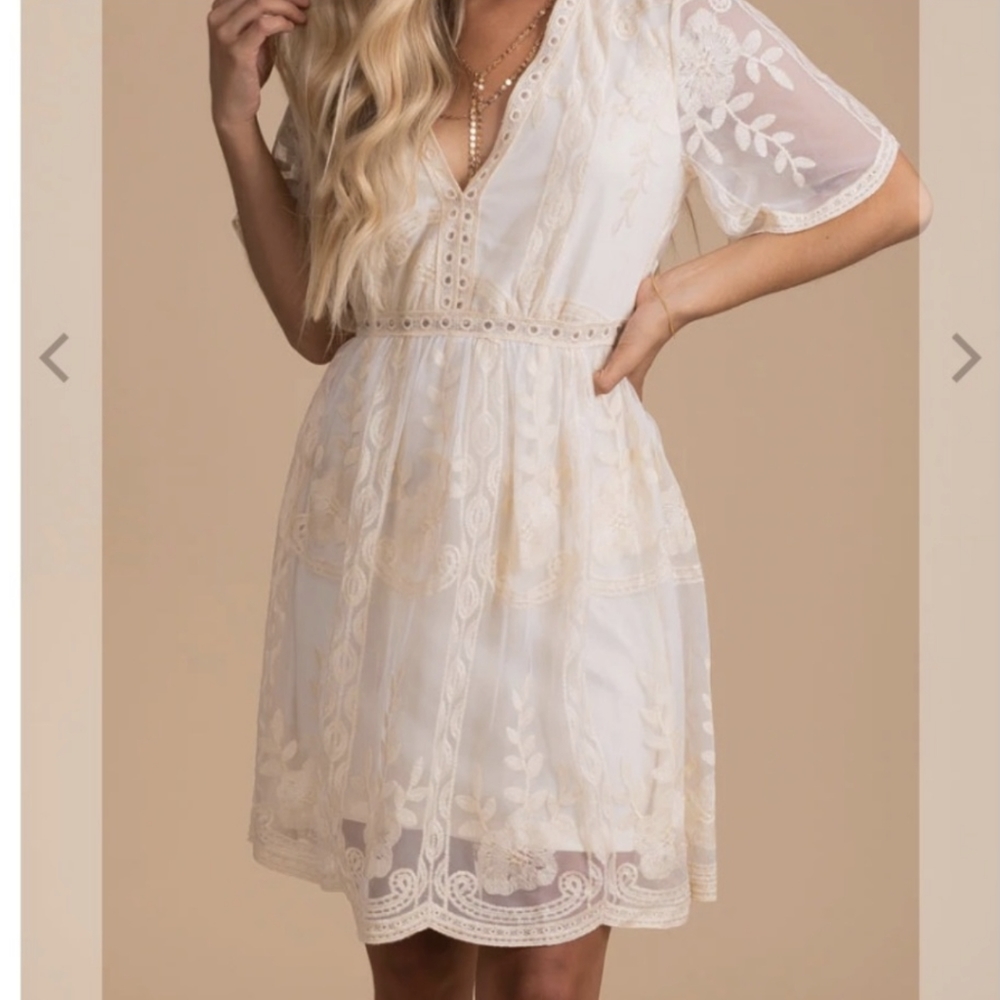 🆕 Haute Monde Off White Embroidered Sheer Sleeve & Back Double Lined Dress M